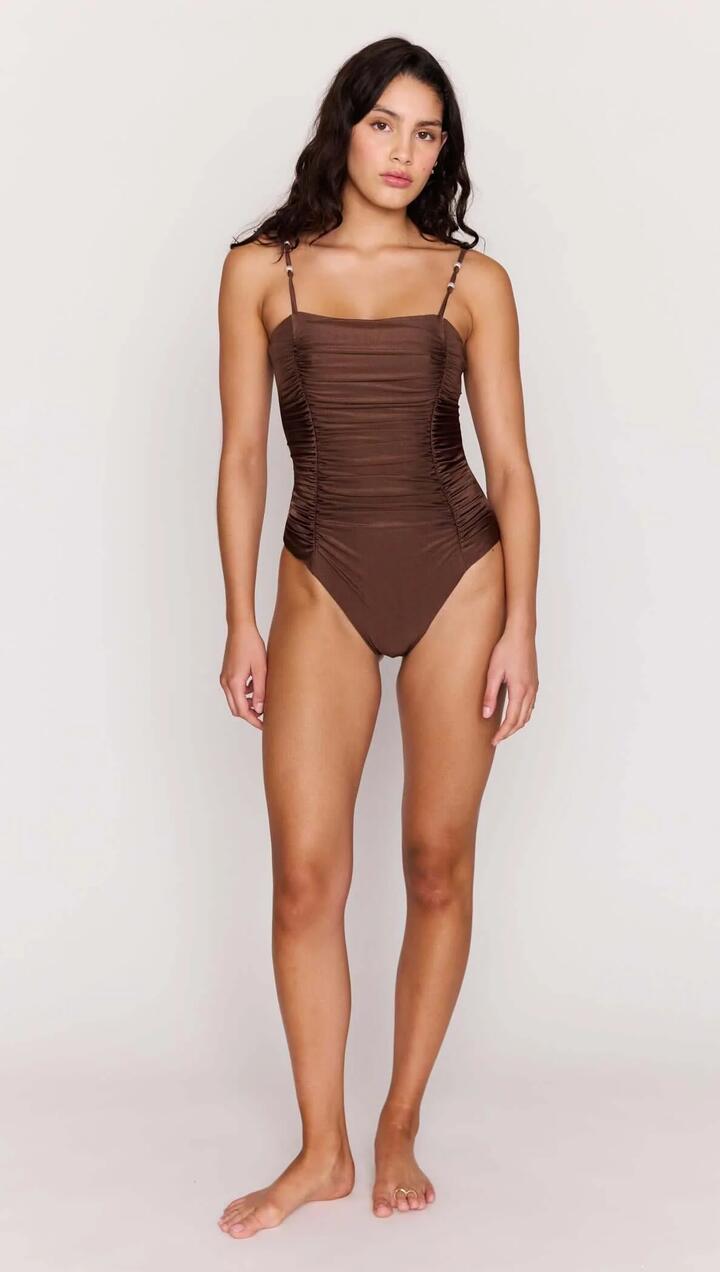 Image of Swimwear. Product name - Chocolate Brown Ruched One-Piece Swimsuit in Chocolate colour by brand - MINKPINK