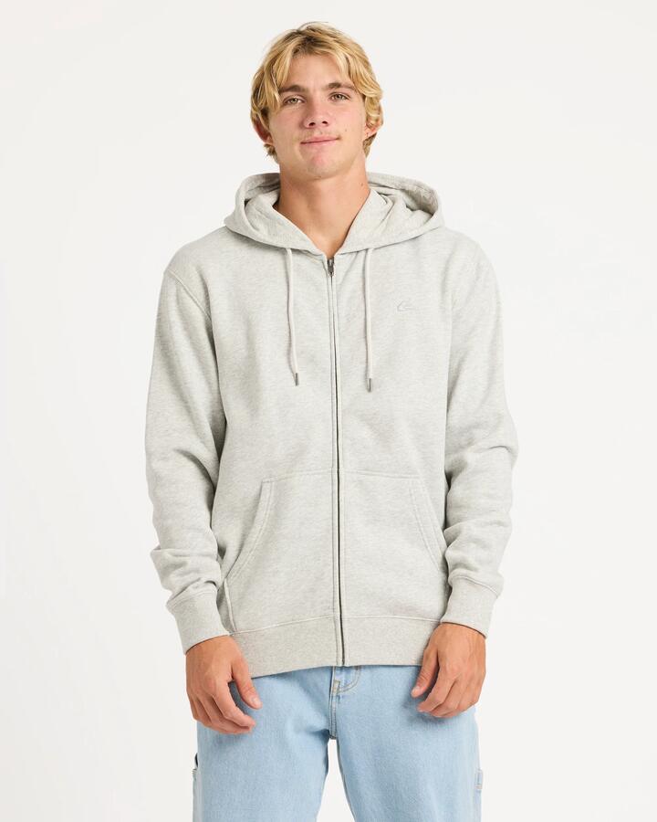 Image of a model wearing Outerwear. Product name - Quiksilver Mens Salt Water Zip Up Hoodie Light Grey Heather in Light Grey Heather colour by brand - Quiksilver
