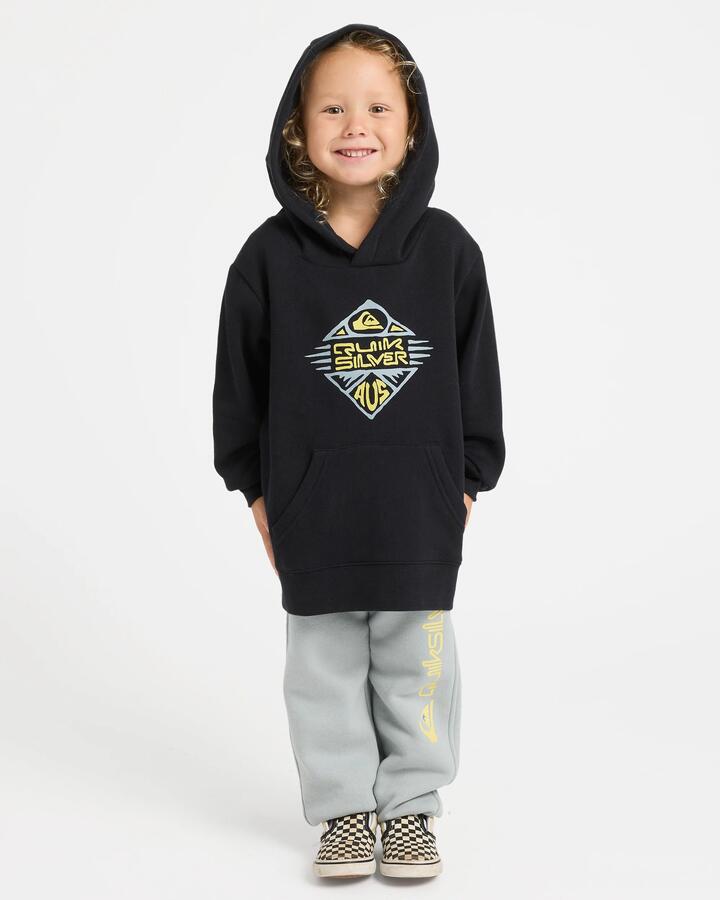 Image of a model wearing Outerwear. Product name - Quiksilver Boys 2-7 Heritage Damon Pullover Hoodie Black in Black colour by brand - Quiksilver