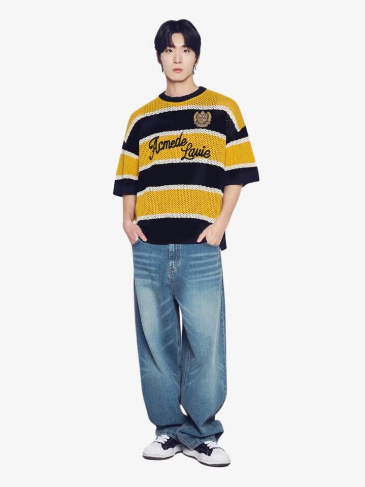 Image of a model wearing Shorts. Productname: ADLV Oversize Stripe Short Sleeve Knit in Yellow colour by brand - ADLV