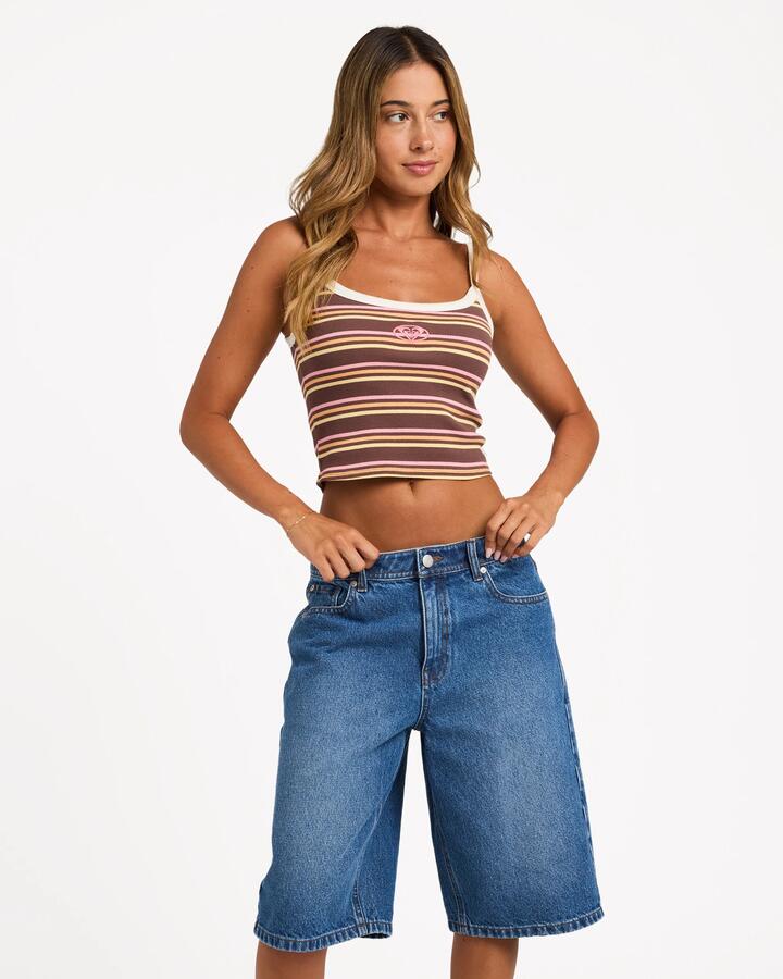 Image of a model wearing Shorts. Productname: roxy - Womens Backslider Denim Shorts - Blue - in Blue colour by brand - roxy