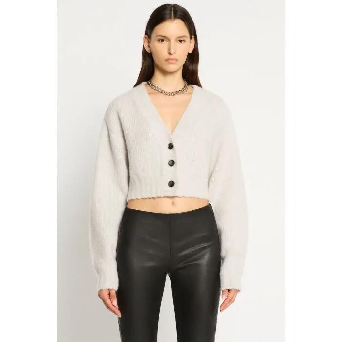 Image of a model wearing Outerwear. Productname: Estilo Cashmere Blend Cardi in Mist Grey colour by brand - sass and bide
