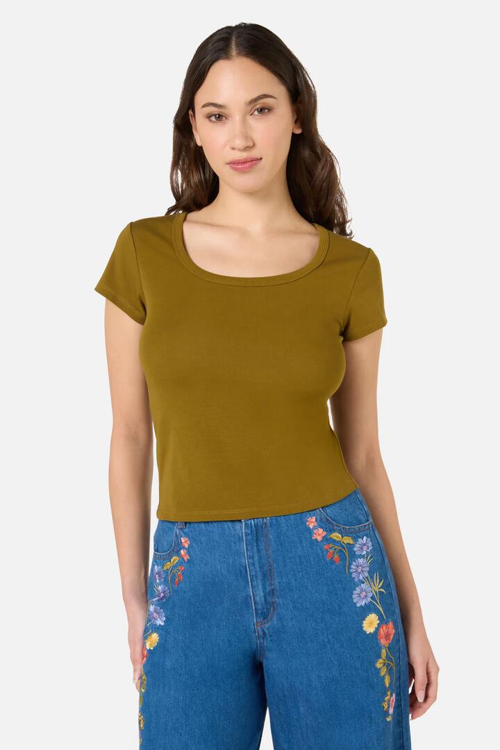 Image of a model wearing Tops. Productname: Alette Short Sleeve Tee in Olive colour by brand - Princess Highway