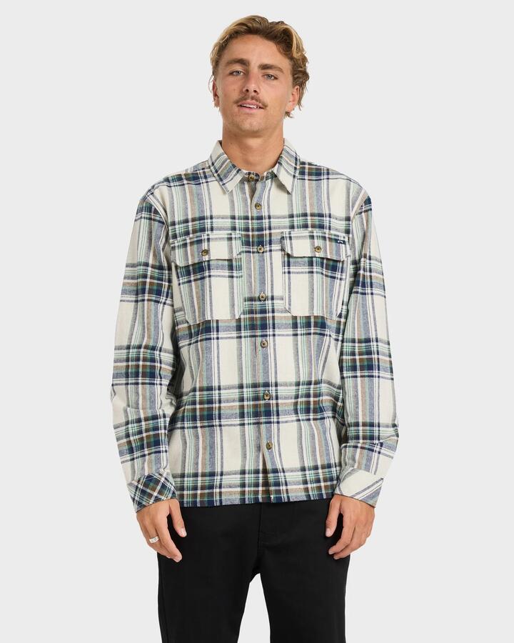 Image of a model wearing Tops. Product name - Billabong Mens Offshore Long Sleeve Shirt Oatmeal in Oatmeal colour by brand - Billabong