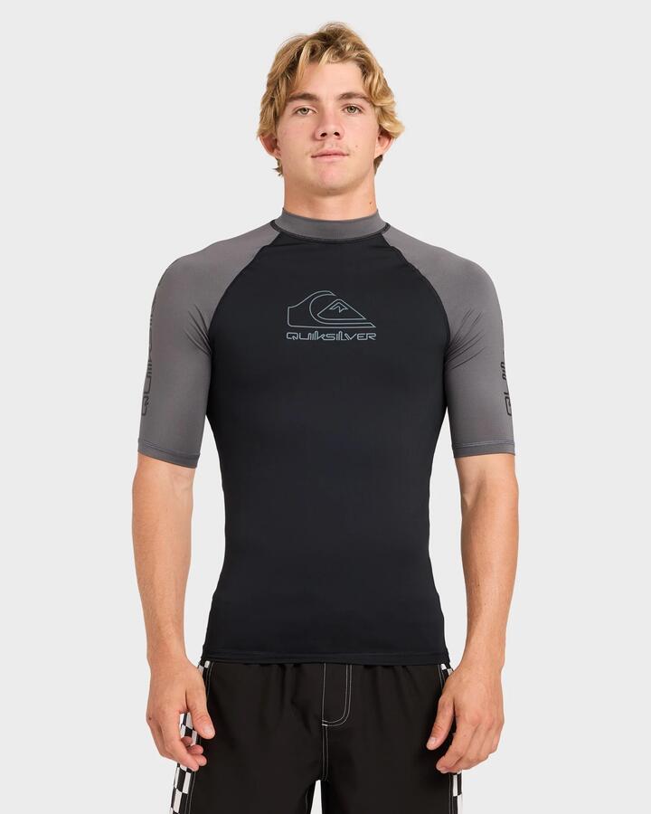 Image of a model wearing Tops. Product name - Quiksilver Mens On Tour Short Sleeve Rash Vest Iron Gate in Iron Gate colour by brand - Quiksilver