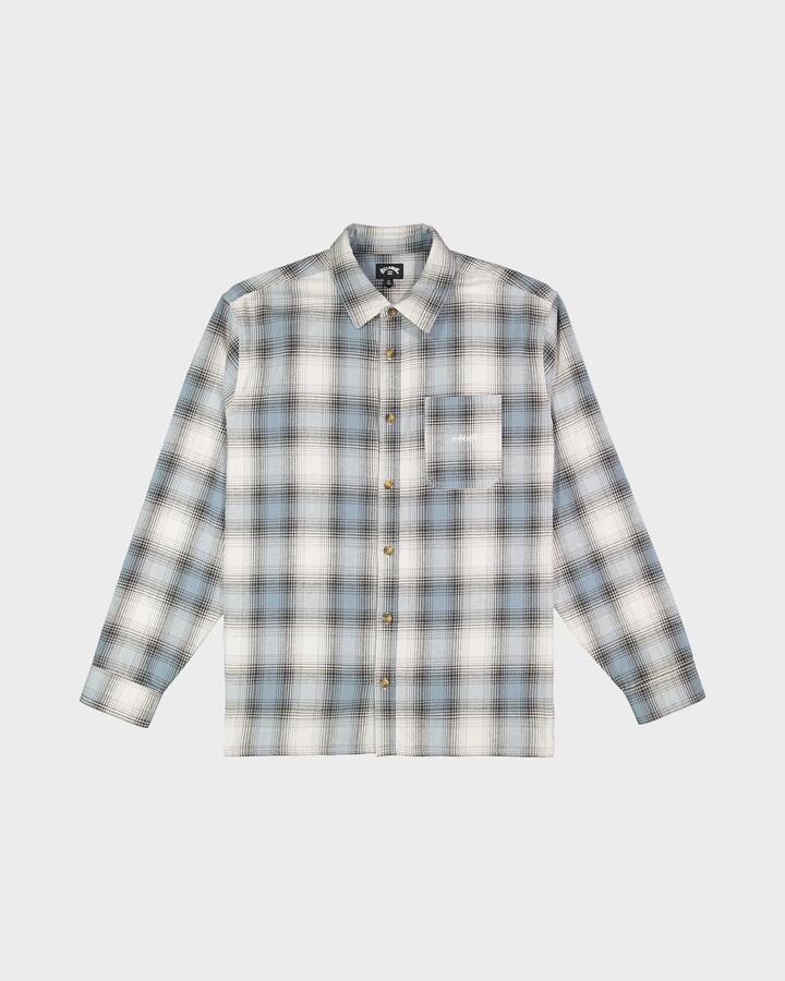 Image of a model wearing Tops. Product name - Billabong Mens Script Long Sleeve Flannel Shirt Washed Blue in Washed Blue colour by brand - Billabong