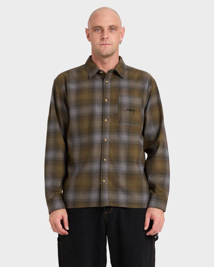 Image of a model wearing Tops. Product name - Billabong Mens Script Long Sleeve Flannel Shirt Olive in Olive colour by brand - Billabong