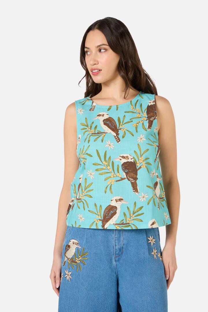 Image of a model wearing Tops. Product name - Kookaburra Sleeveless Top in Blue colour by brand - Princess Highway