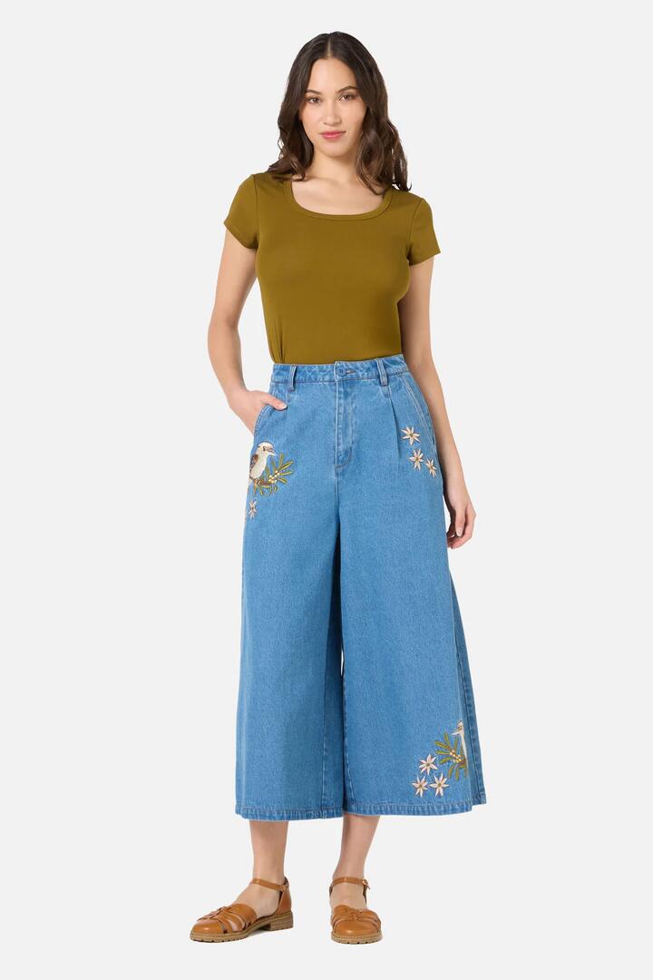 Image of a model wearing Pants. Product name - Kooka & Wattle Denim Culotte in Blue Denim colour by brand - Princess Highway