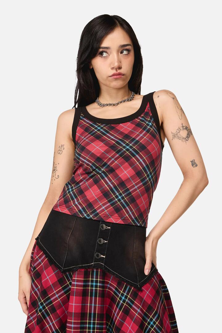Image of a model wearing Tops. Product name - Stop It Grunge Tartan Tank Top in Multi colour by brand - Dangerfield