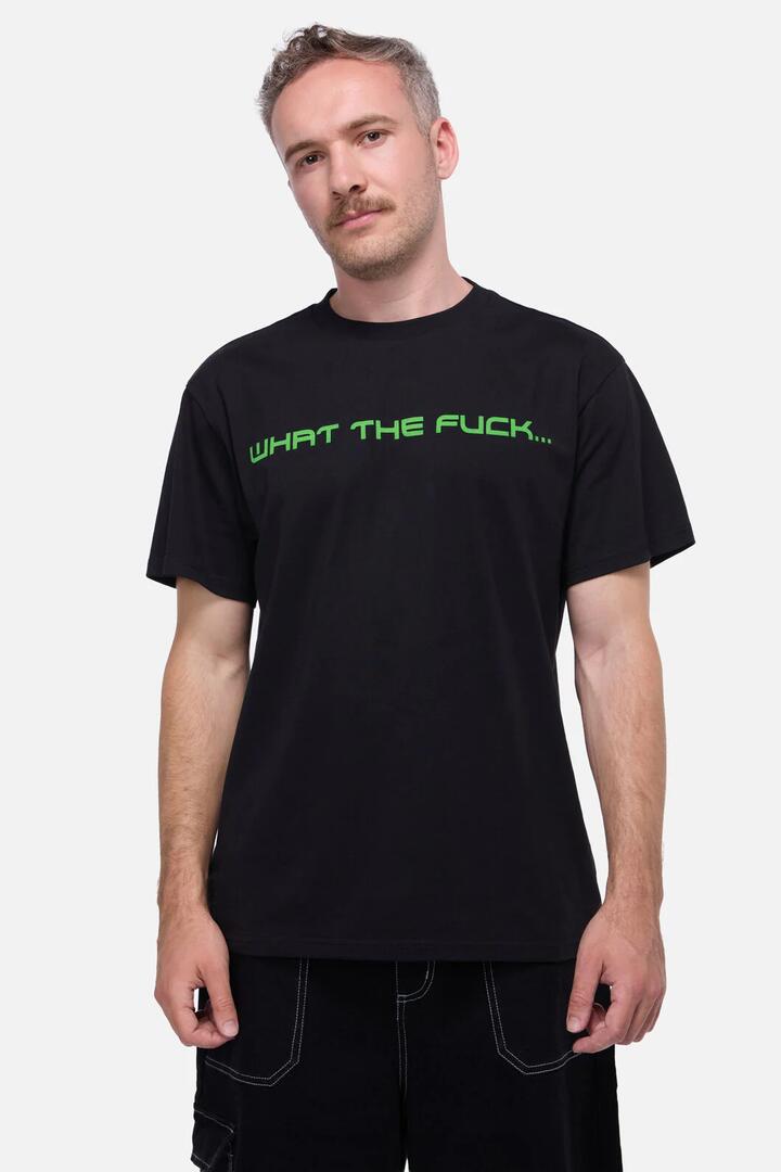 Image of a model wearing Tops. Productname: WTF Unisex Tee in Black colour by brand - Pulp Kitchen