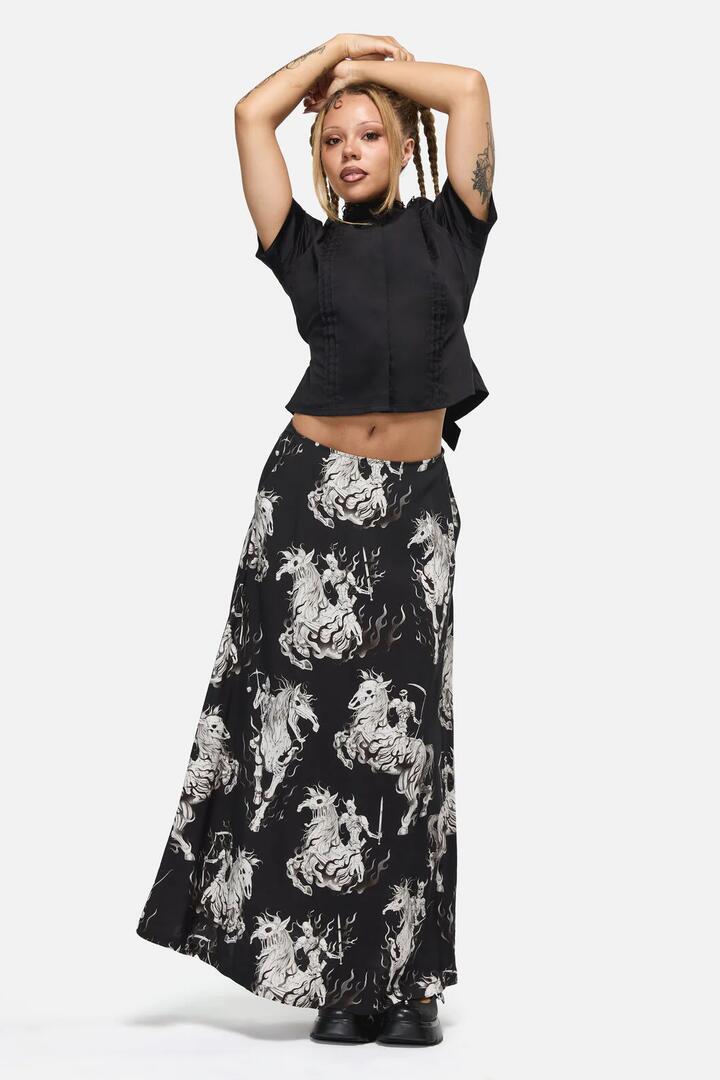 Image of a model wearing Skirts. Productname: Apocalypse Goth Midi Skirt in Black colour by brand - Black Friday
