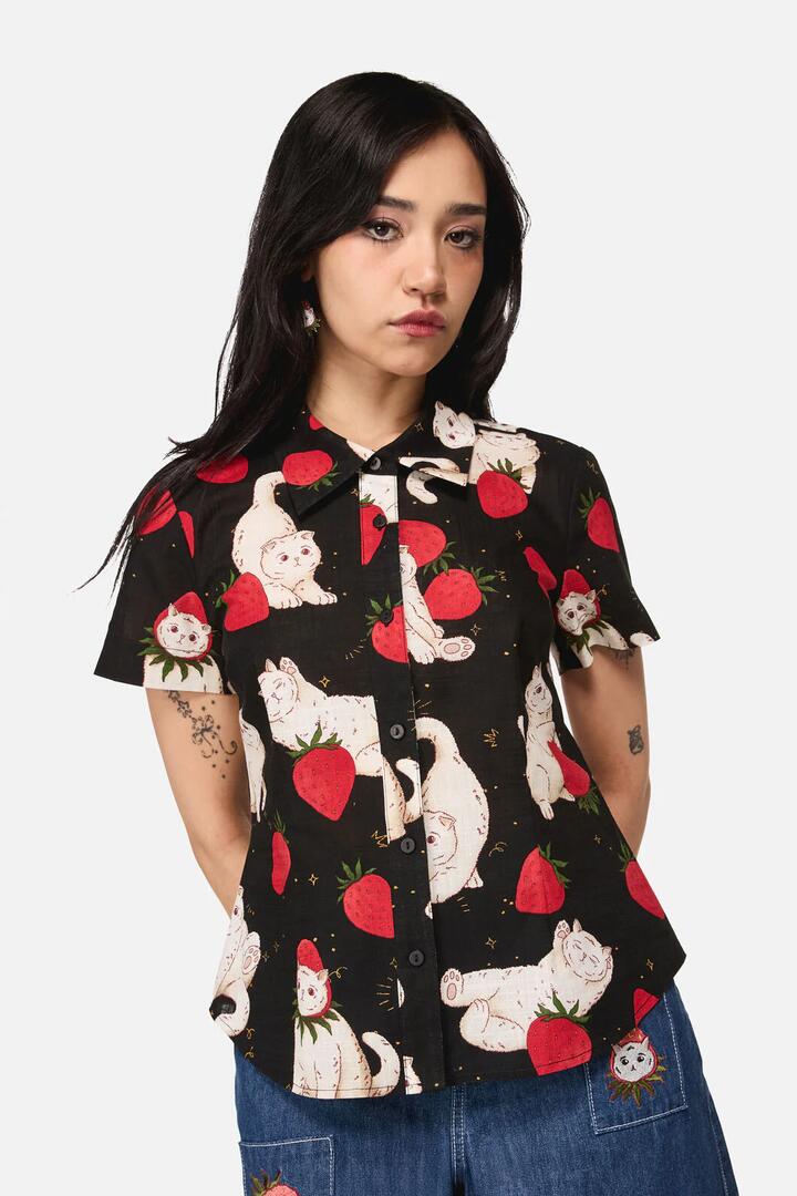 Image of Blouses. Product name - Strawberry Cat Repeat Blouse in Black colour by brand - Dangerfield