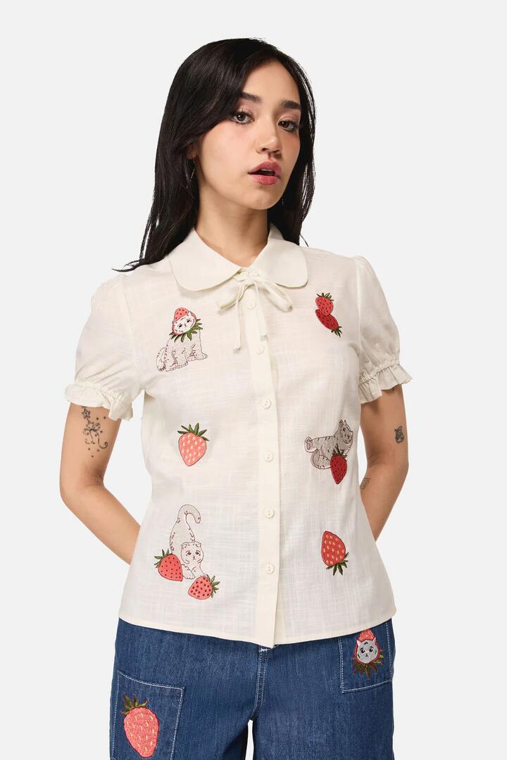 Image of Blouses. Product name - Strawberry Cat Badge Blouse in Cream colour by brand - Dangerfield