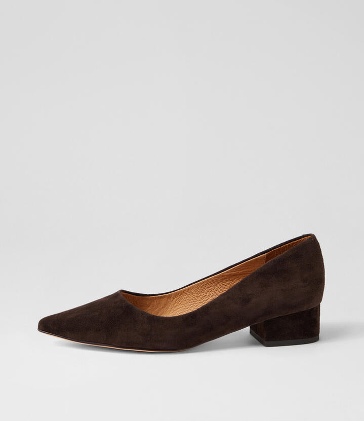 Image of Heels. Productname: Thego Dark Choc Suede Heels in Dk Choc colour by brand - MOLLINI