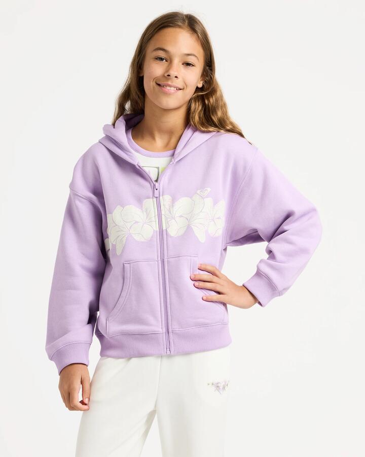 Image of a model wearing Outerwear. Product name - Roxy Girls 4-16 Midnight Hike Brushed Zip Up Hoodie Crocus Petal in Crocus Petal colour by brand - Roxy