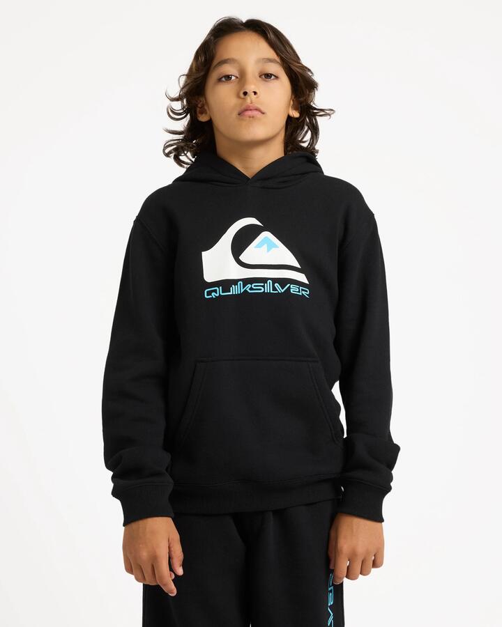 Image of a model wearing Outerwear. Product name - Quiksilver Boys 8-16 Comp Logo Pullover Hoodie Black in Black colour by brand - Quiksilver