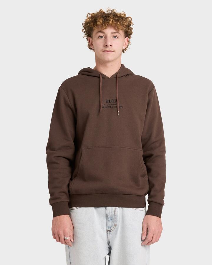 Image of a model wearing Outerwear. Product name - RVCA Mens Venom Bite Pullover Hoodie Mocha in Mocha colour by brand - RVCA
