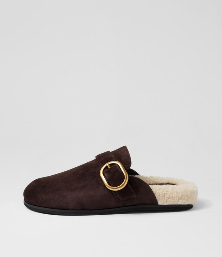 Image of Sandals. Productname: Viola Dark Choc Natural Suede Faux Fur Mules in Dk Choc-Natural colour by brand - MOLLINI