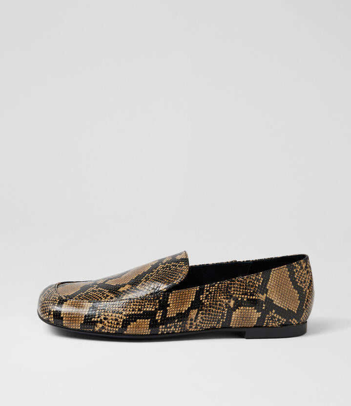 Image of Flats. Productname: Cammie Fawn Black Snake Leather Loafers in Fawn-Black colour by brand - MOLLINI
