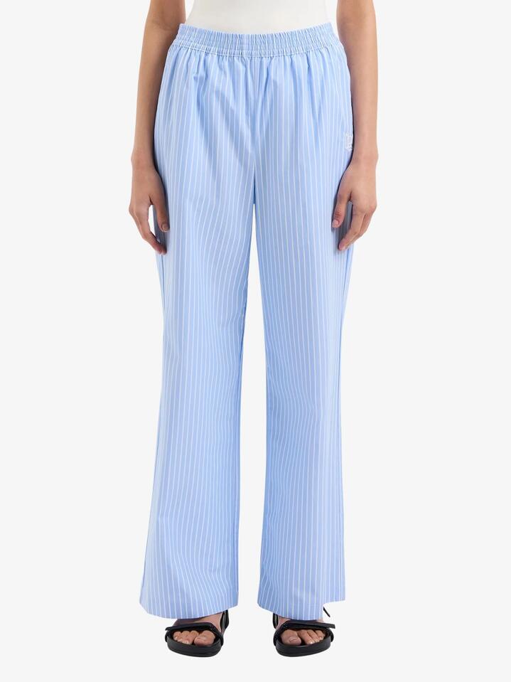 Image of a model wearing Pants. Productname: Nude Lucy Organic Poplin Pants in Sky Stripe colour by brand - Nude Lucy