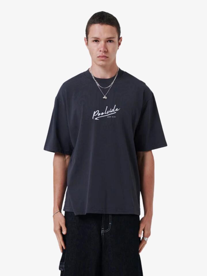 Image of a model wearing Tops. Productname: Barney Cools Mixtape T-Shirt in Aged Black colour by brand - Barney Cools