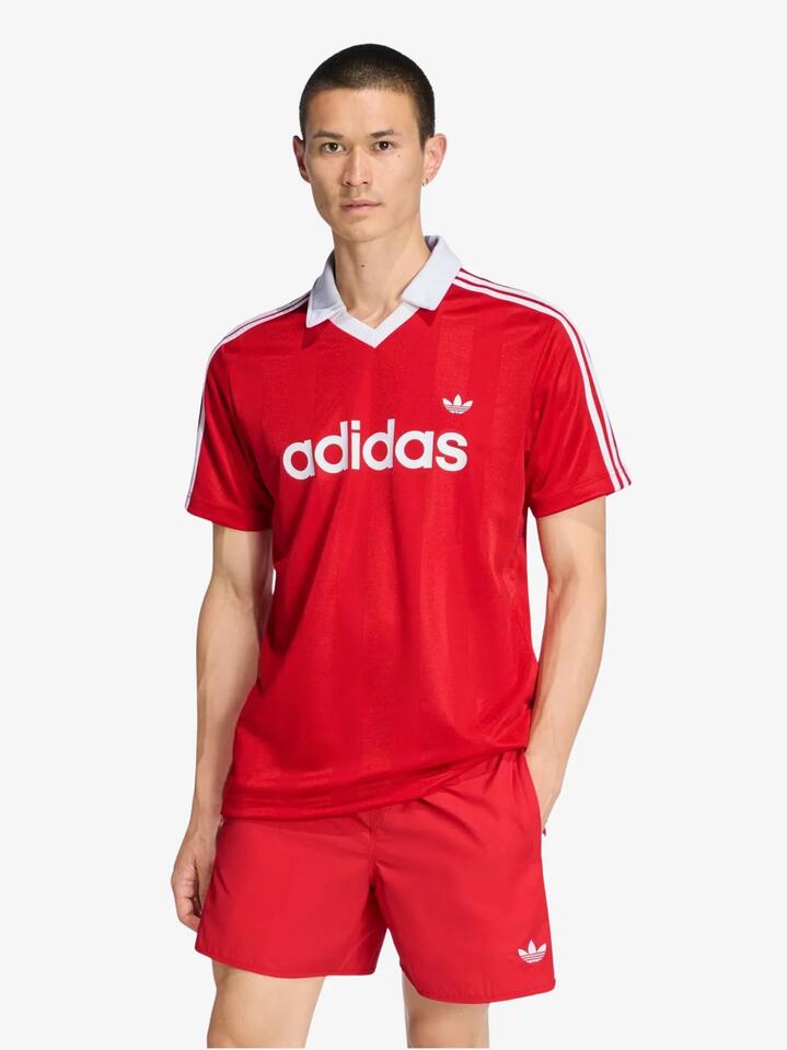 Image of a model wearing Tops. Productname: Adidas Archive Collar Engineered Jersey in Better Scarlet colour by brand - Adidas