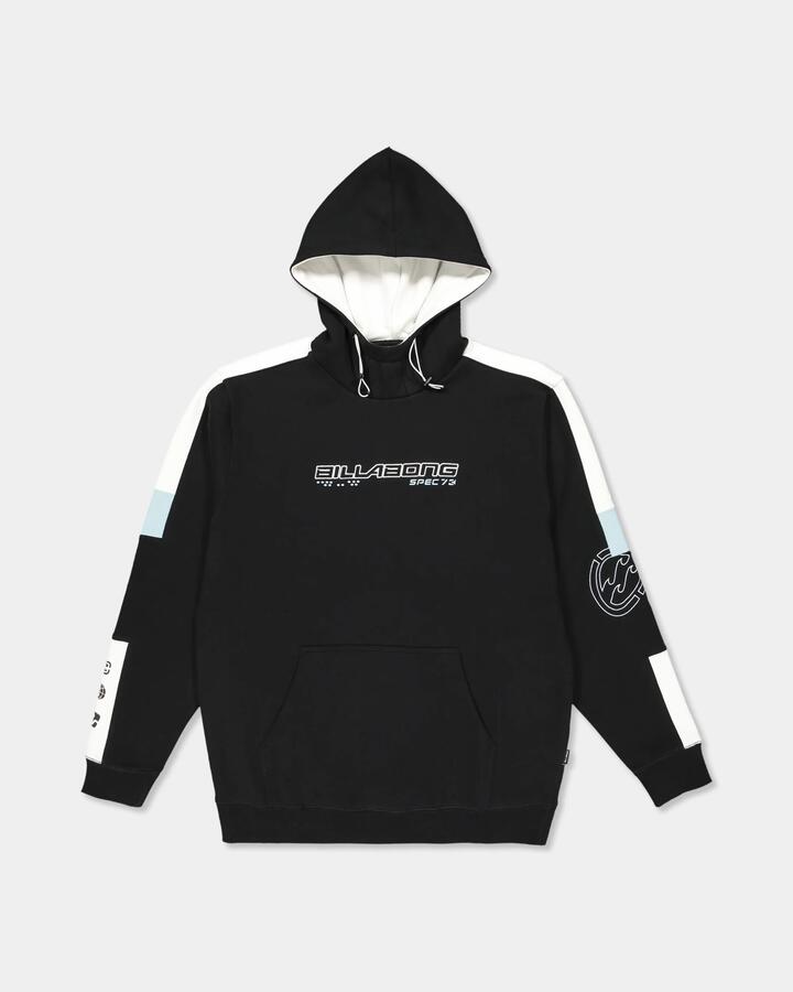Image of a model wearing Outerwear. Product name - Billabong Mens Spec 73 Pop Pullover Hoodie Black in Black colour by brand - Billabong