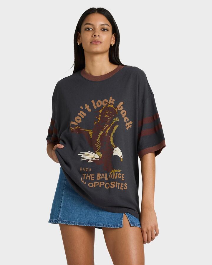 Image of T-Shirts. Product name - RVCA Womens Toni Ringer T-Shirt Washed Black in Washed Black colour by brand - RVCA