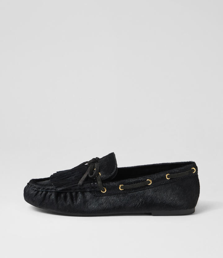 Image of Shoes. Product name - Eltin Black Pony Boat Shoes in Black colour by brand - MOLLINI