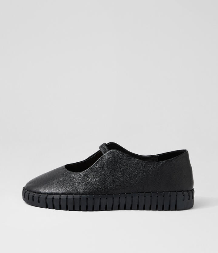 Image of Shoes. Productname: Hylow Black Leather Flat Shoes in Black-Black Sole colour by brand - MIDAS