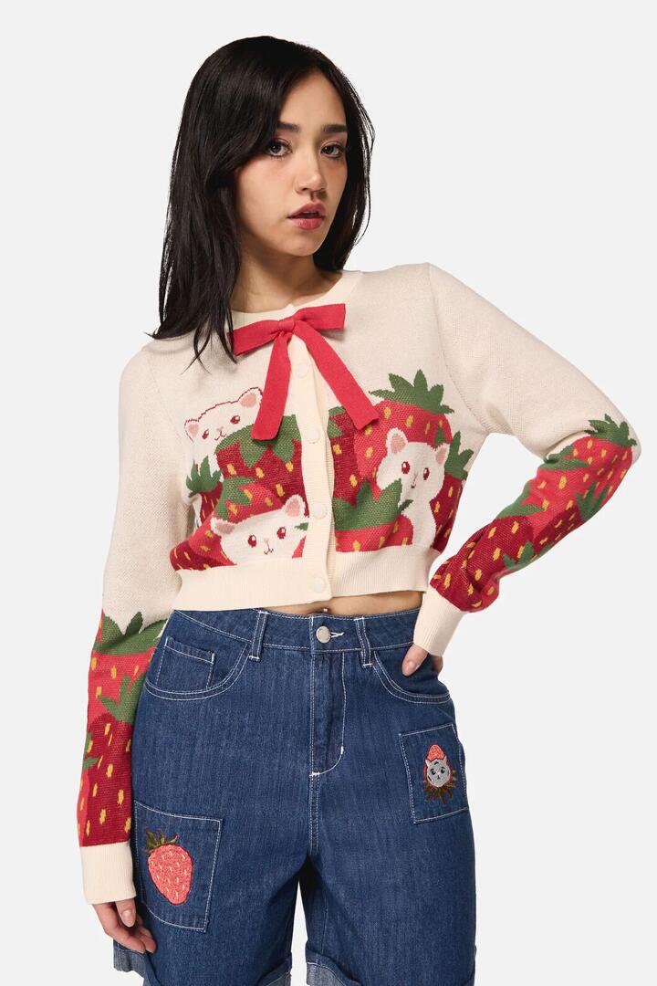 Image of a model wearing Outerwear. Productname: Strawberry Cat Cardigan in Cream colour by brand - Dangerfield