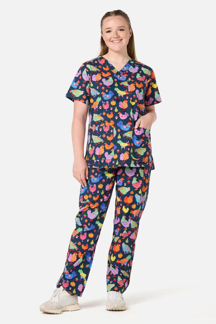 Image of a model wearing Uniforms & Workwear. Product name - Hen Hen scrub set in Navy colour by brand - Gorman