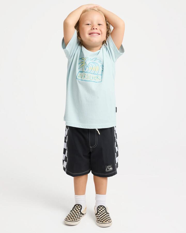 Image of a model wearing Tops. Productname: quiksilver Boys 2-7 Tropic Tides T-Shirt Airy Blue - in Airy Blue colour by brand - Quiksilver