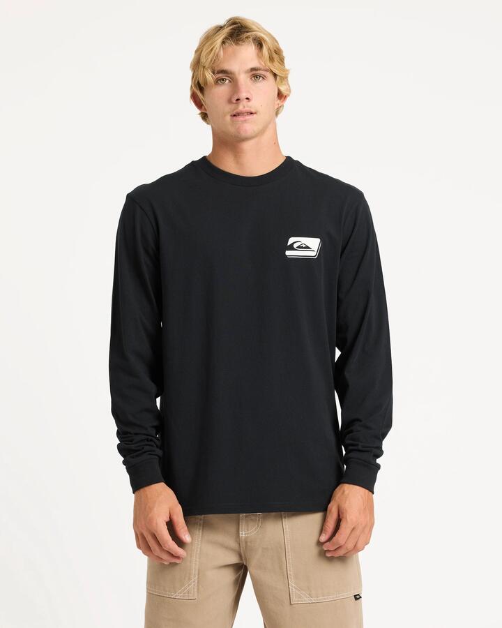 Image of a model wearing Tops. Product name - Quiksilver Mens Reflex Long Sleeve T-Shirt Black in Black colour by brand - Quiksilver