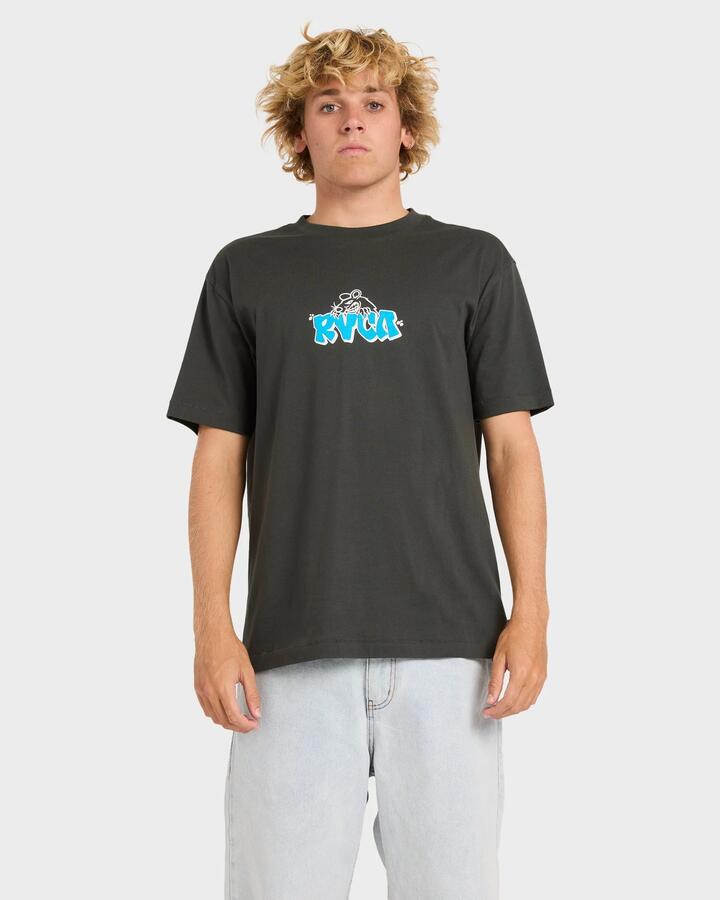 Image of a model wearing Tops. Productname: rvca Mens Ratnest T-Shirt Pirate Black - in Pirate Black colour by brand - Rvca
