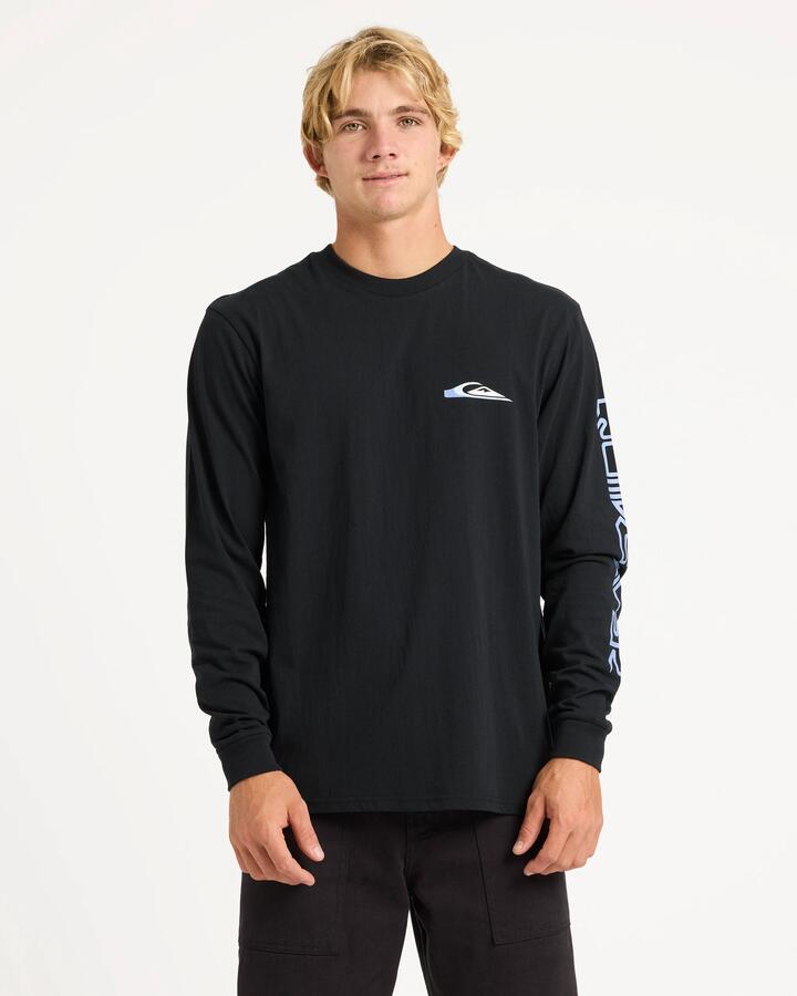 Image of a model wearing Tops. Product name - Quiksilver Mens Wrap Drive Long Sleeve T-Shirt Black in Black colour by brand - Quiksilver