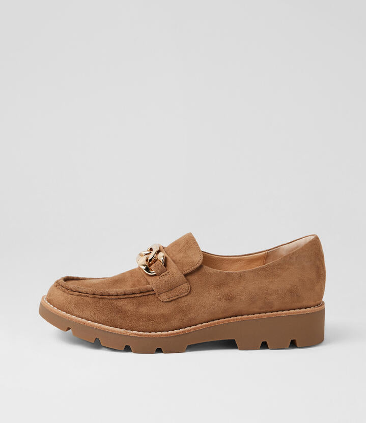 Image of Flats. Productname: Drizza Light Choc Suede Loafers in Lt Choc-Lt Choc Sole colour by brand - MIDAS