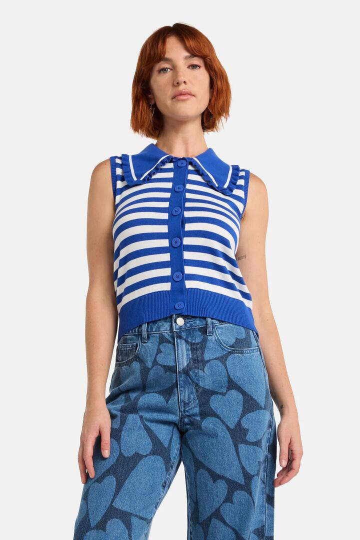 Image of a model wearing Tops. Product name - Sailor Collar Knit Top in Blue colour by brand - Gorman