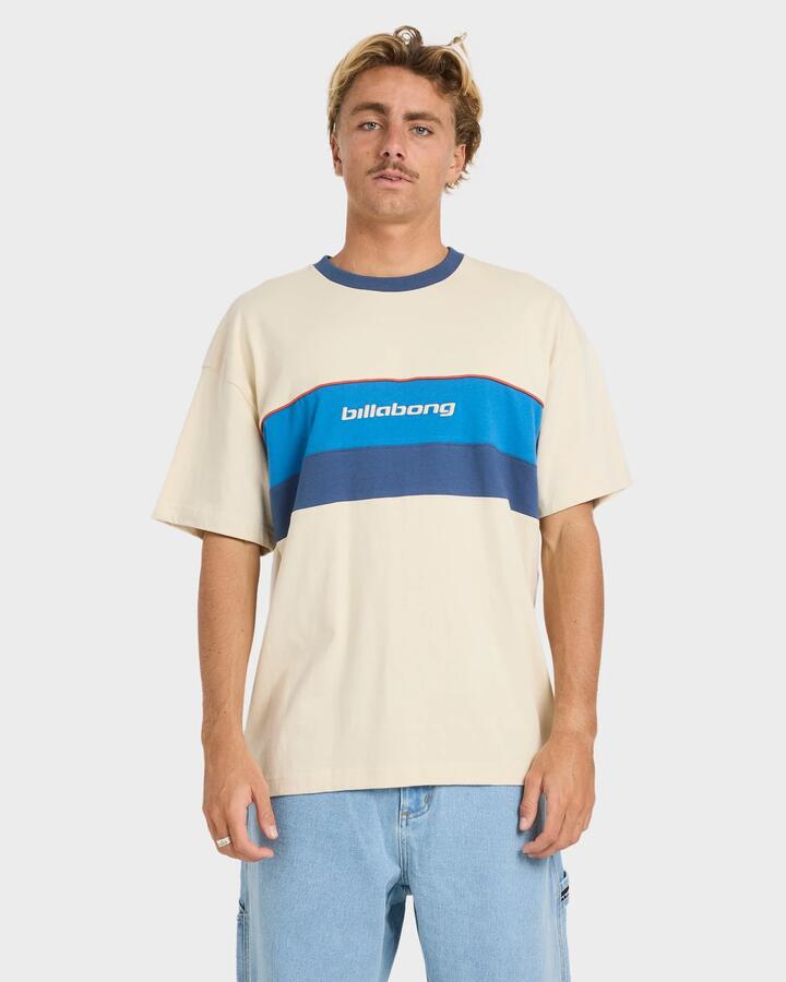Image of a model wearing Tops. Productname: billabong Mens Simulator T-Shirt Oatmeal - in Oatmeal colour by brand - Billabong
