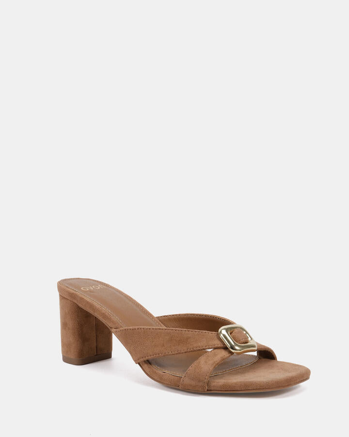 Image of Heels. Productname: Finnegan: Caramel Suede - Women's Strappy - Low Heel in Caramel Suede colour by brand - Novo