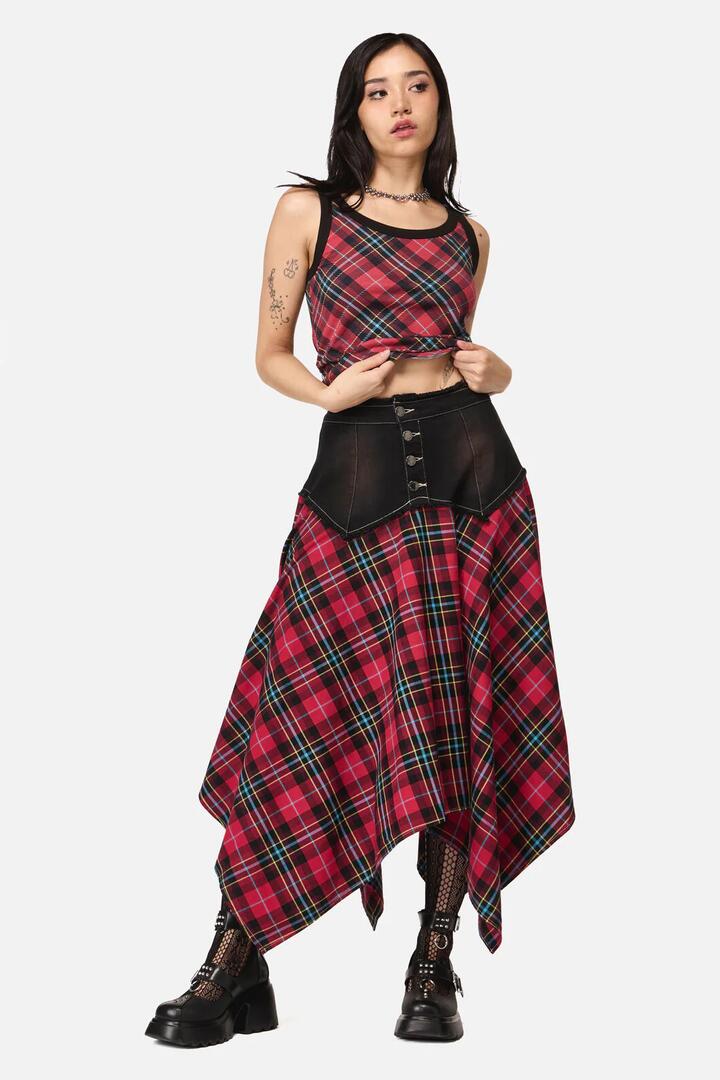 Image of a model wearing Skirts. Productname: Stop It Tartan Long Skirt in Multi colour by brand - Dangerfield
