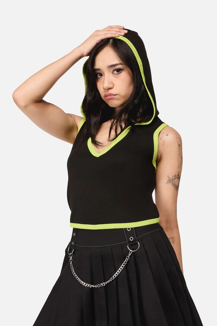 Image of a model wearing Tops. Product name - Anonymous Hooded Top in Black colour by brand - Dangerfield