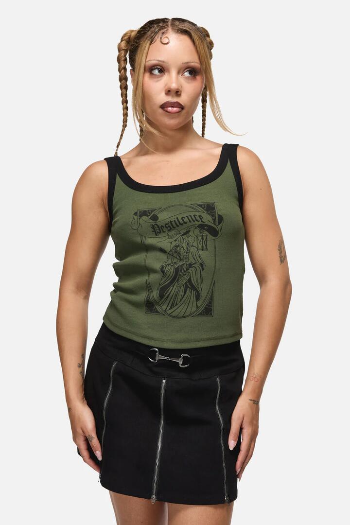 Image of a model wearing Tops. Product name - Pestilence Goth Tank Top in Olive colour by brand - Black Friday