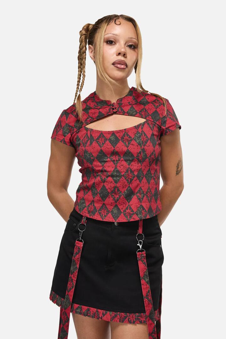 Image of a model wearing Tops. Product name - The End Goth Top in Black Red colour by brand - Black Friday