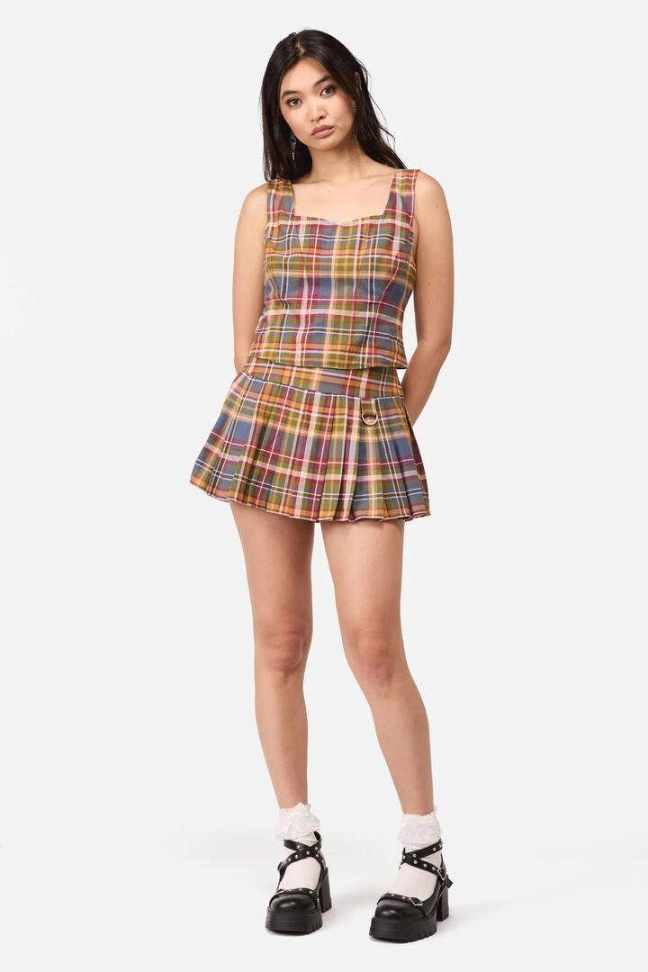 Image of a model wearing Skirts. Product name - Alchemy Tartan Skort in Multi colour by brand - Dangerfield