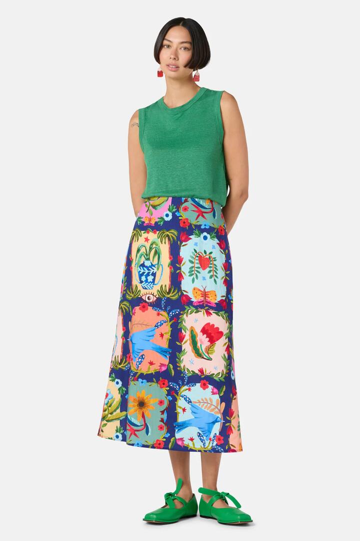 Image of a model wearing Skirts. Product name - Little Things Placement Skirt in Print colour by brand - Gorman