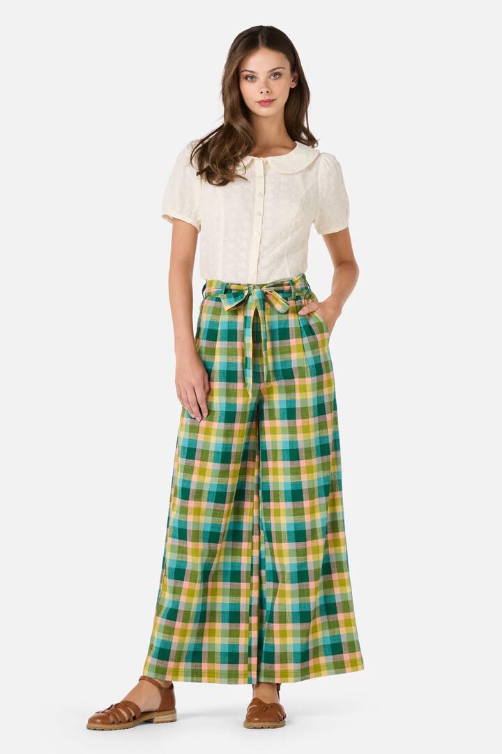 Image of a model wearing Pants. Product name - Piper Check Culotte in Pink Multi colour by brand - Princess Highway