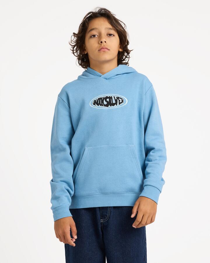 Image of a model wearing Outerwear. Product name - Quiksilver Boys 8-16 Quik Global Pullover Hoodie Riviera in Riviera colour by brand - Quiksilver