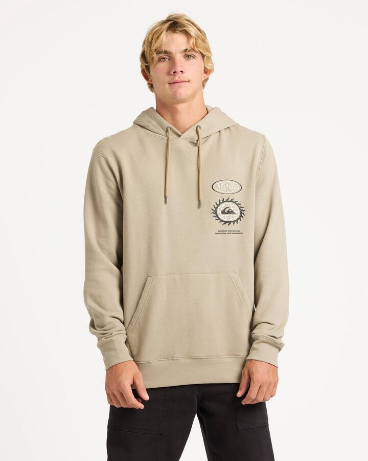 Image of a model wearing Outerwear. Product name - Quiksilver Mens Quik Global Pullover Hoodie Seneca Rock in Seneca Rock colour by brand - Quiksilver